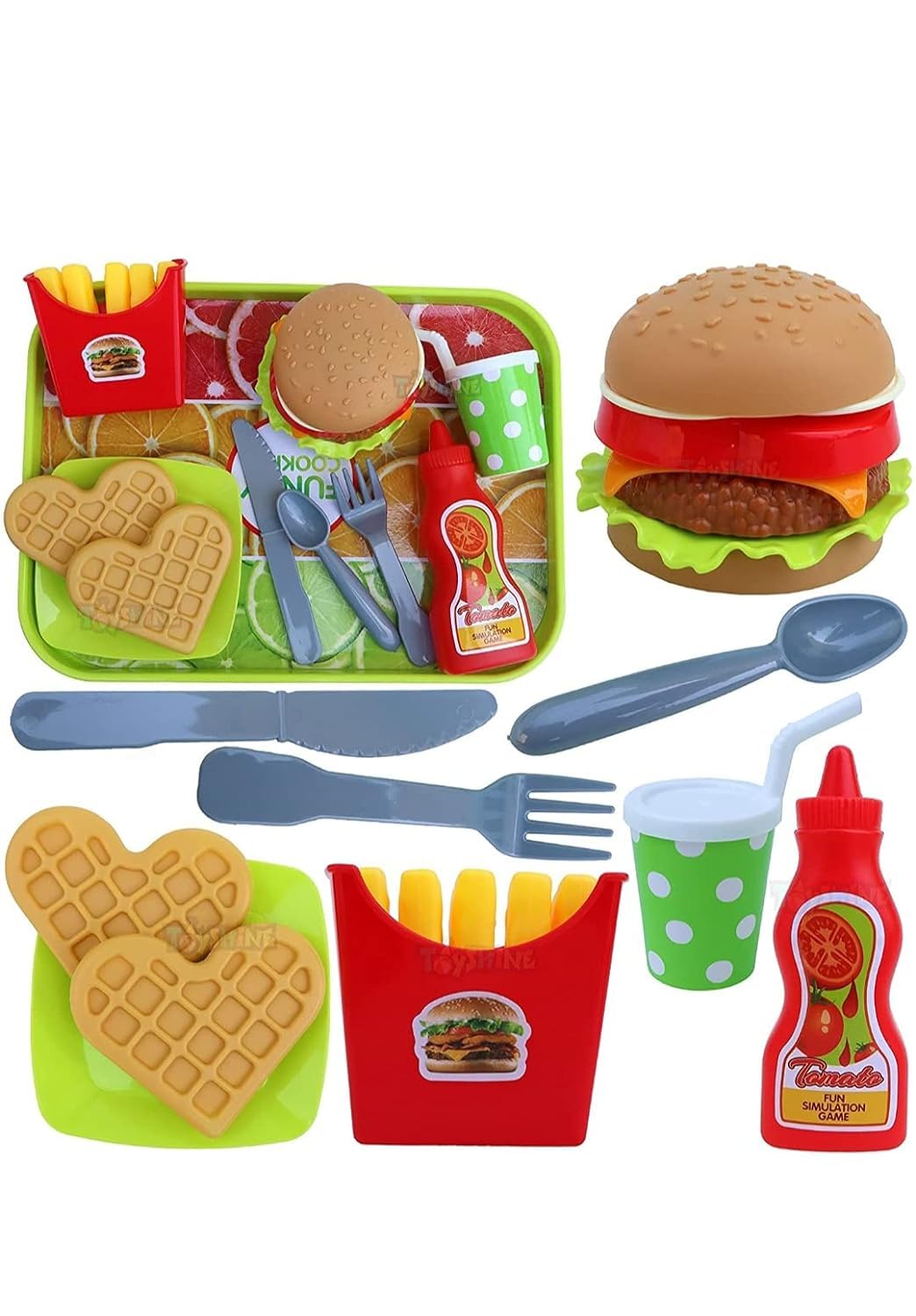🍔 Kids Fast Food Pretend Play Kitchen Set | Burger, Fries, Drink & Cutting Food Toy with Serving Tray | Educational Role Play Toy | Multiple Designs