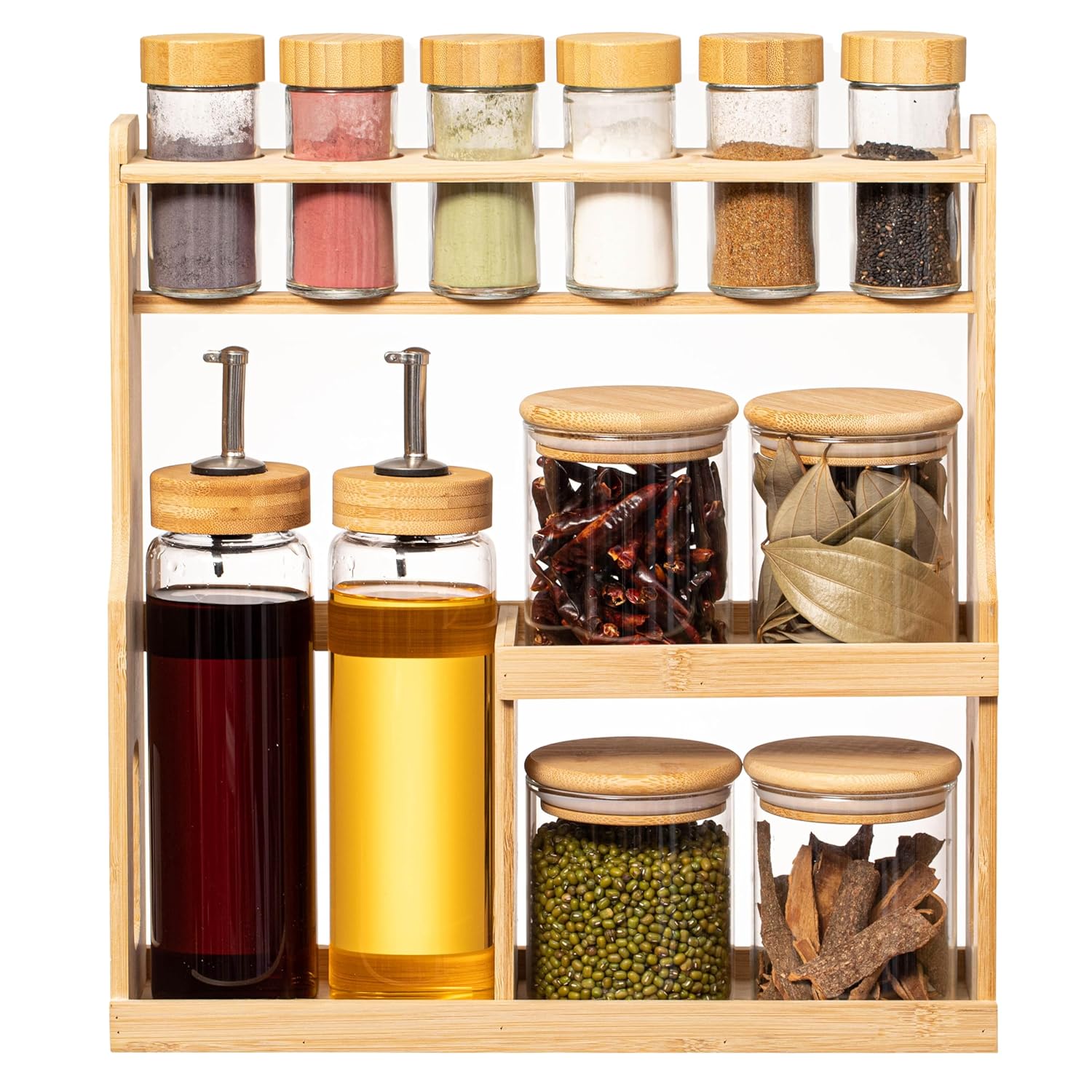 2-Tier Bamboo Spice Rack with Glass Jars & Oil Dispenser Set