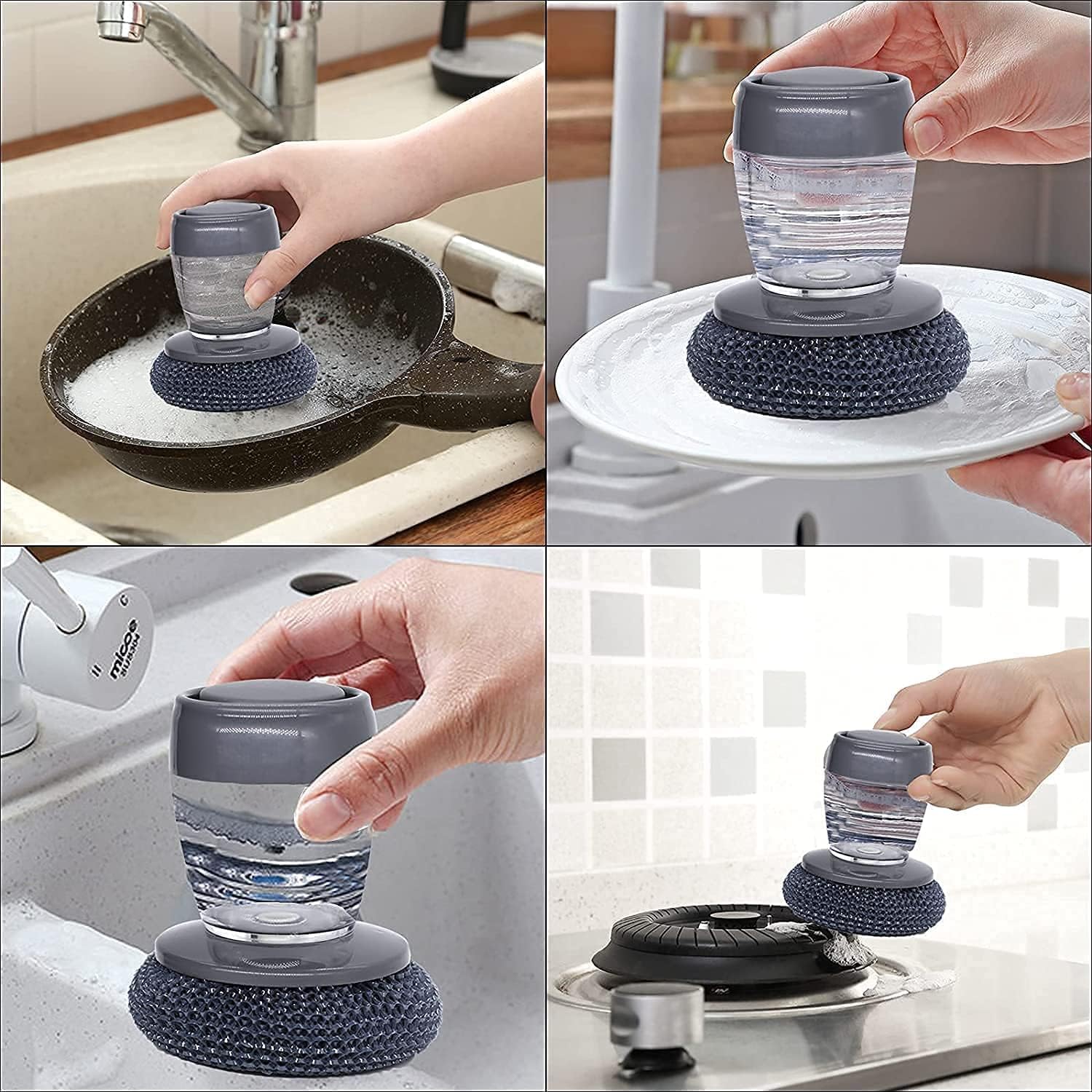 2-in-1 Soap Dispensing Dish Scrubber Brush with Liquid Dispenser | Kitchen Cleaning Sponge Brush | Stainless Steel Pot & Pan Scrubber | Multipurpose Cleaning Tool