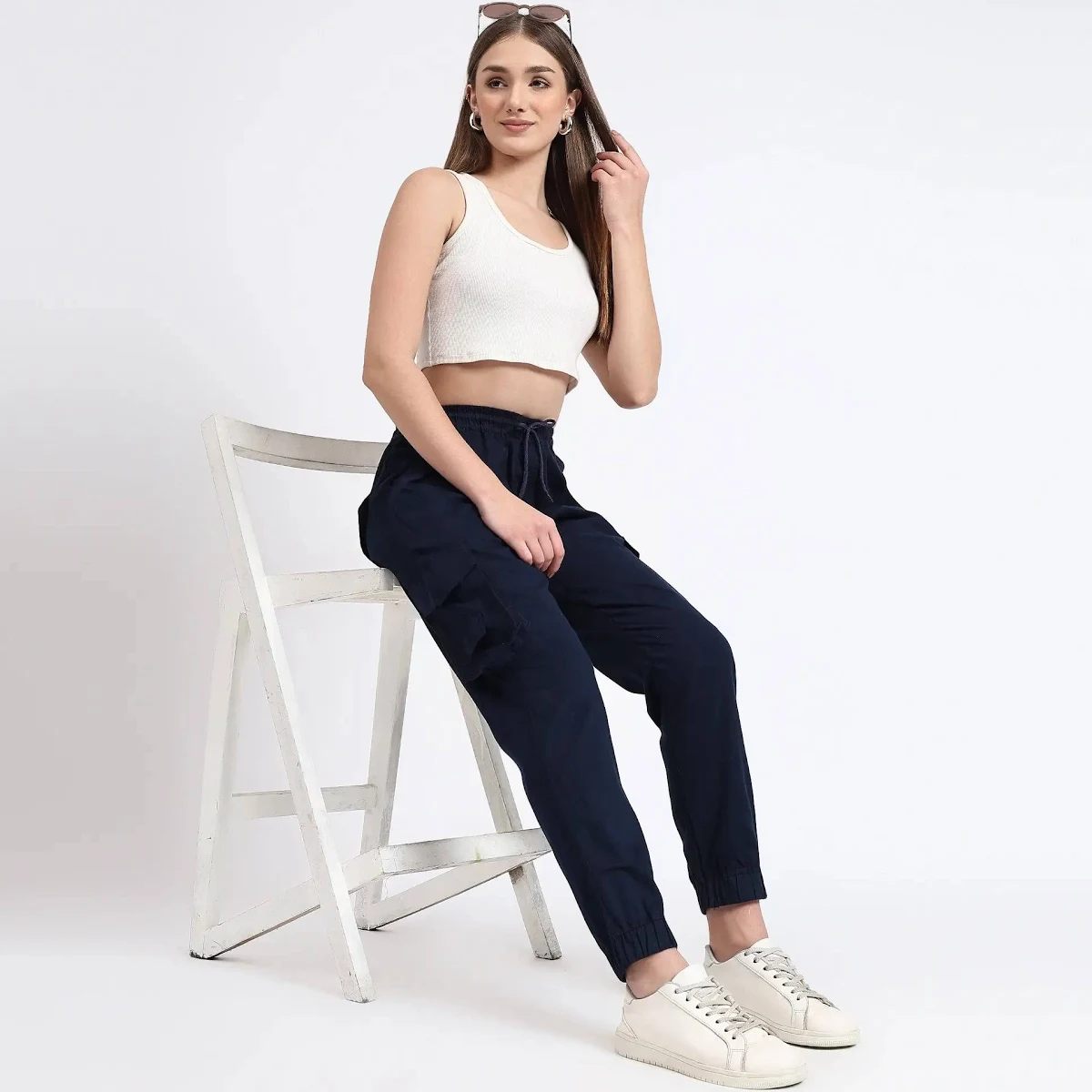 Women's Navy Blue Cargo Jogger Pants | High-Waisted Drawstring Utility Trousers with Multi-Pockets | Casual Streetwear, Travel & Active Lifestyle | XXS-XXL