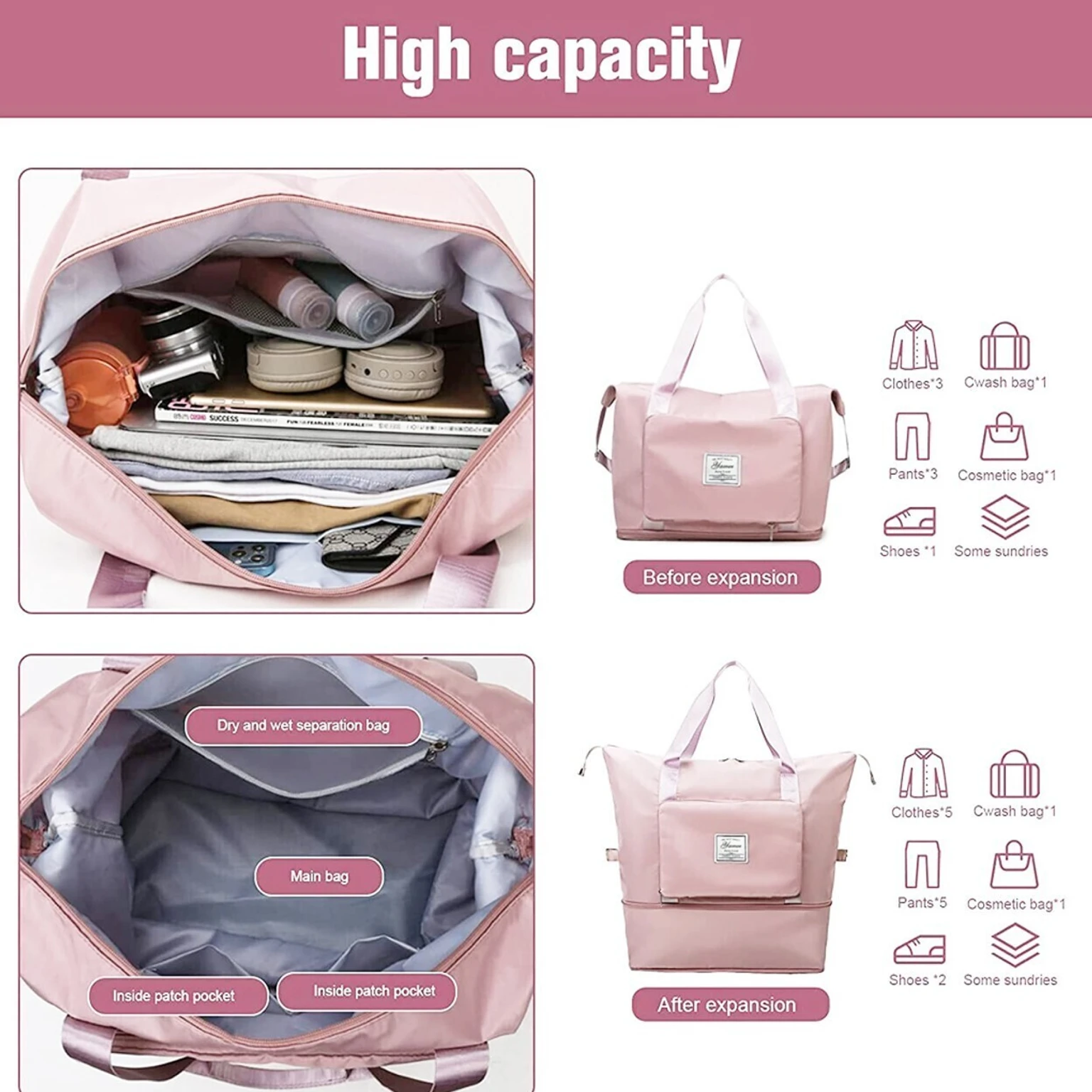 Foldable Waterproof Travel Duffel Bag with Shoe Pocket & Wet Compartment