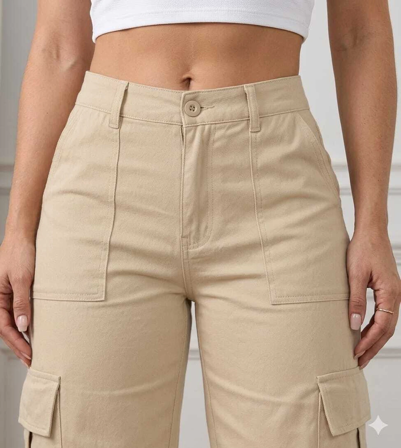 Women's High-Waisted Beige Cargo Pants | Relaxed Straight Leg Multi-Pocket Utility Trousers | Casual Streetwear, Travel & Everyday Fashion | XXS-XXL